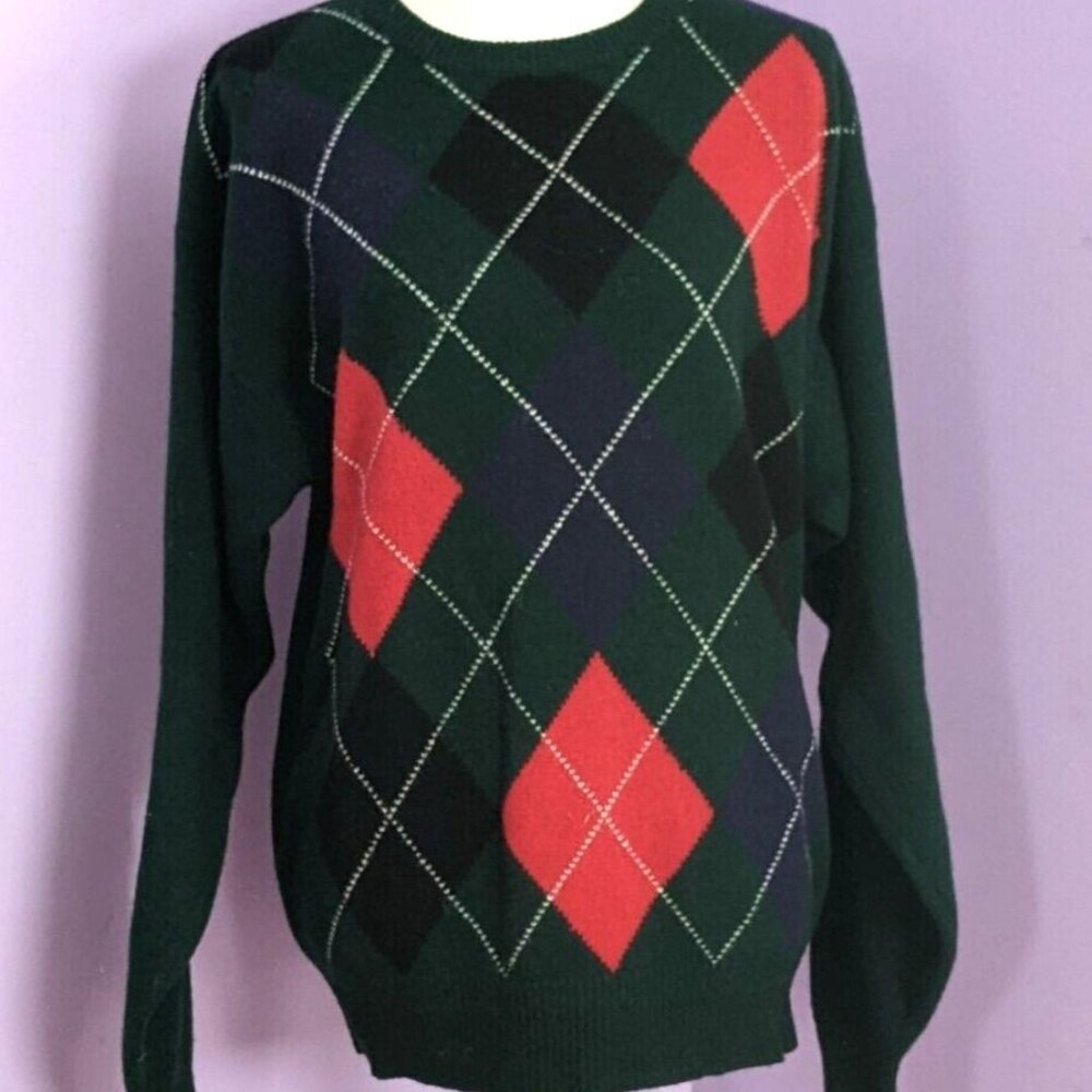 Clansman Argyle Sweater Men Sz XL Lambs Wool Vintage Knit Green Navy Red